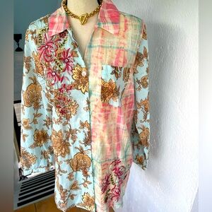Soft Surroundings NWOT Womens Floral Patchwork Embroidery Boyfriend Blouse SizeM